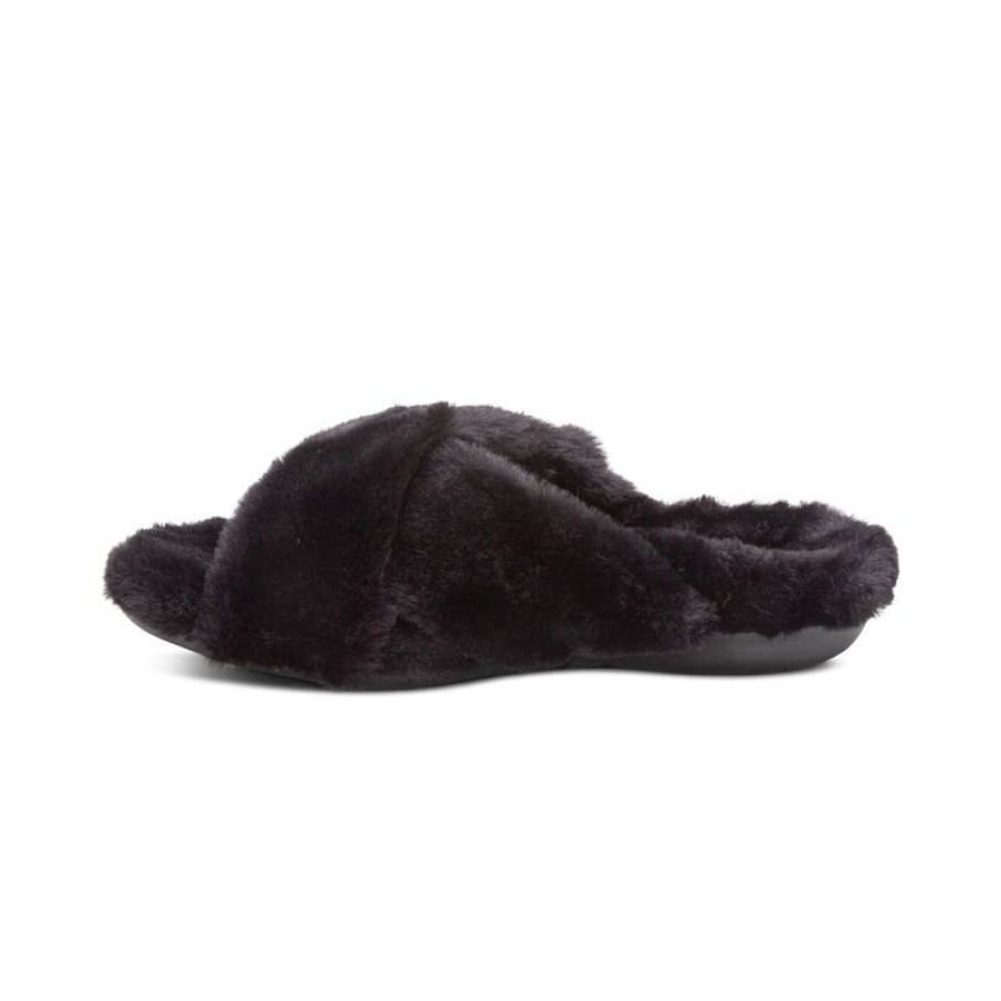 Womens Aetrex Slippers | Penelope Adjustable Faux Fur Slippers Black ...